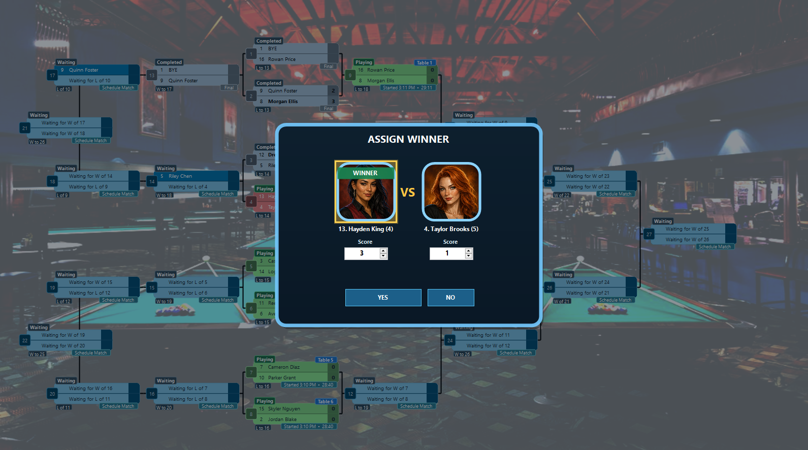 Bracket Manager with a custom billiards background and match colors