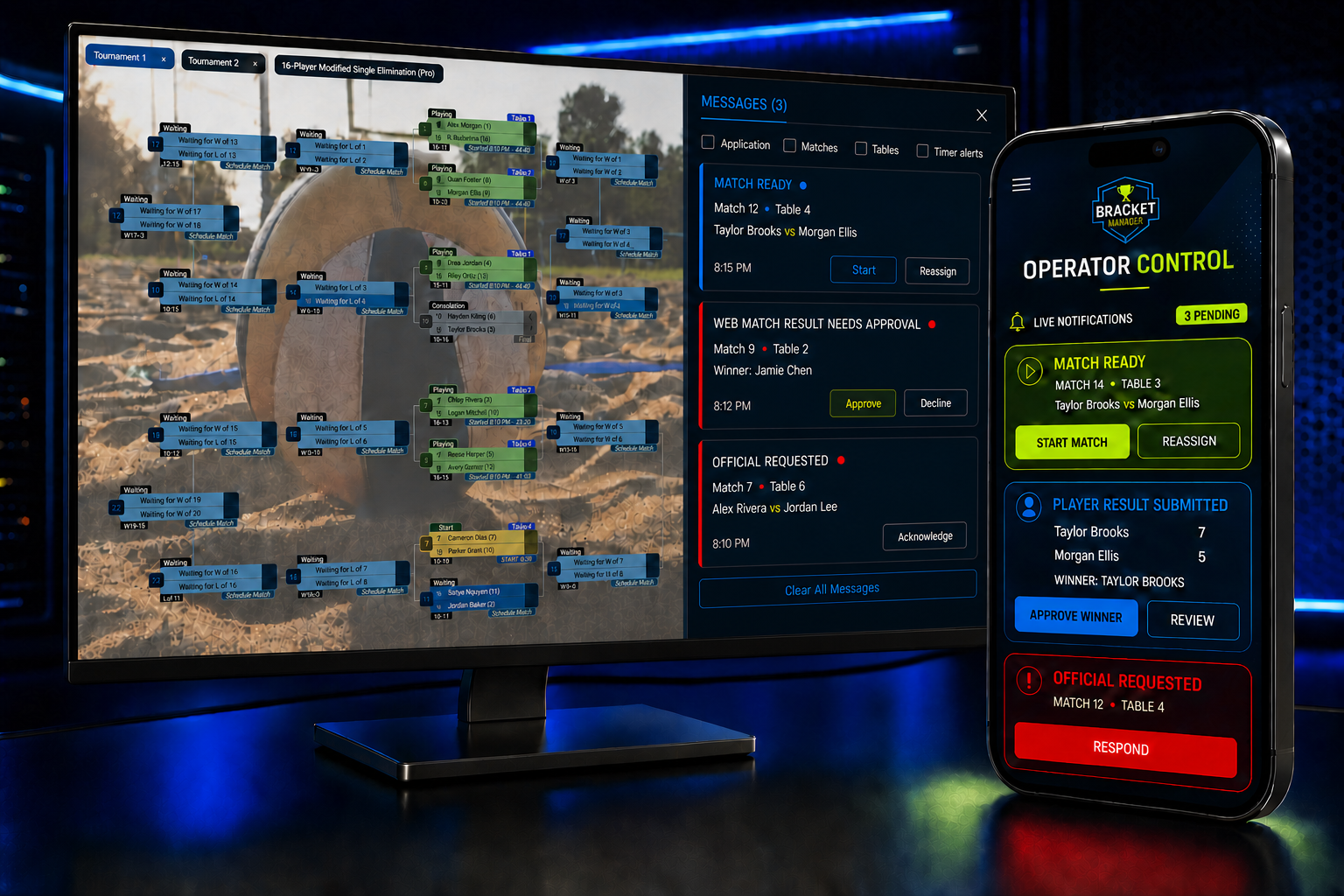Bracket Manager tournament controls on a monitor with remote operator controls on a phone