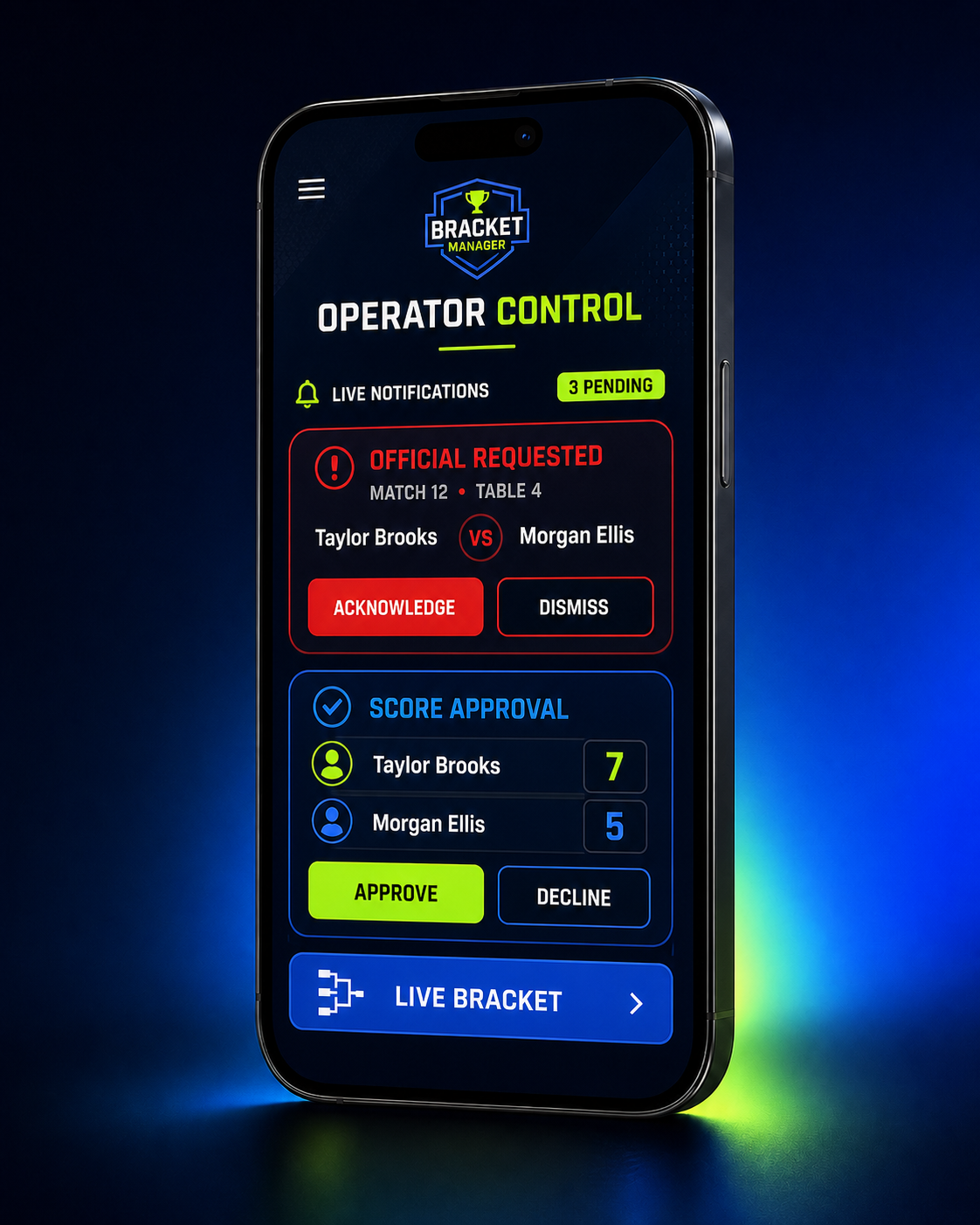 Bracket Manager operator web app running on an iPhone