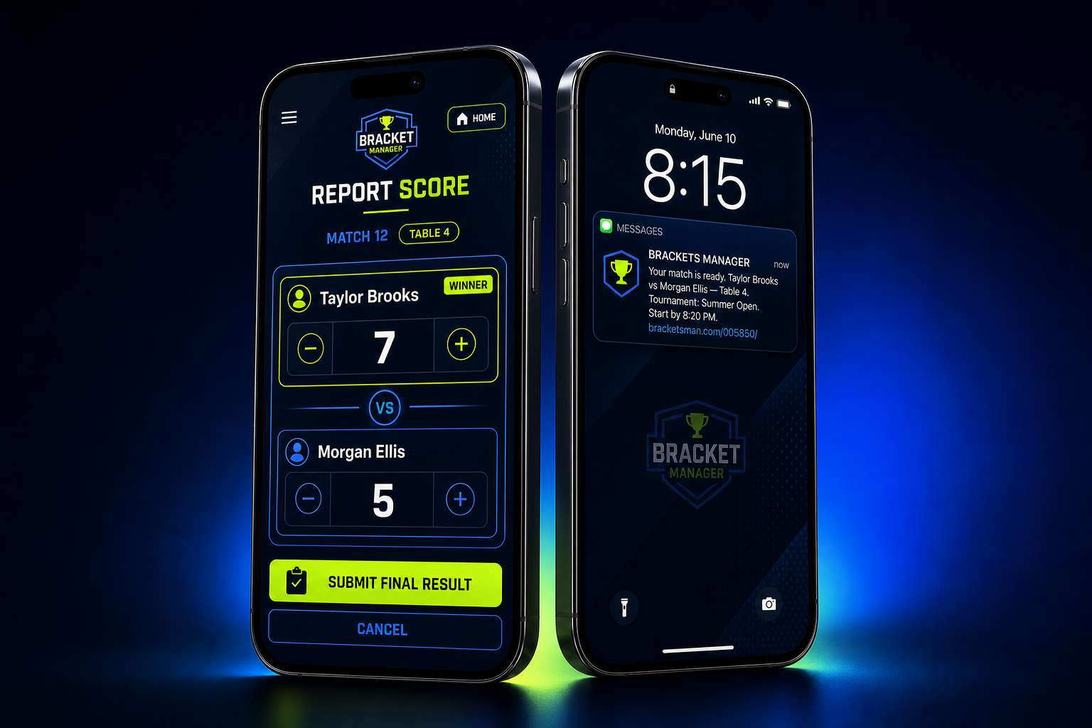 Two Bracket Manager iPhones showing a match-ready text notification and mobile score submission